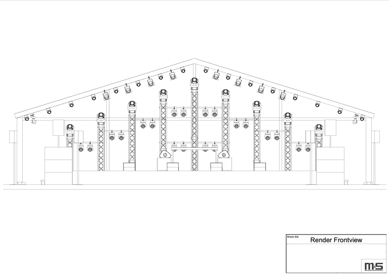 Technische visualisatie van het podium van alle audio en licht